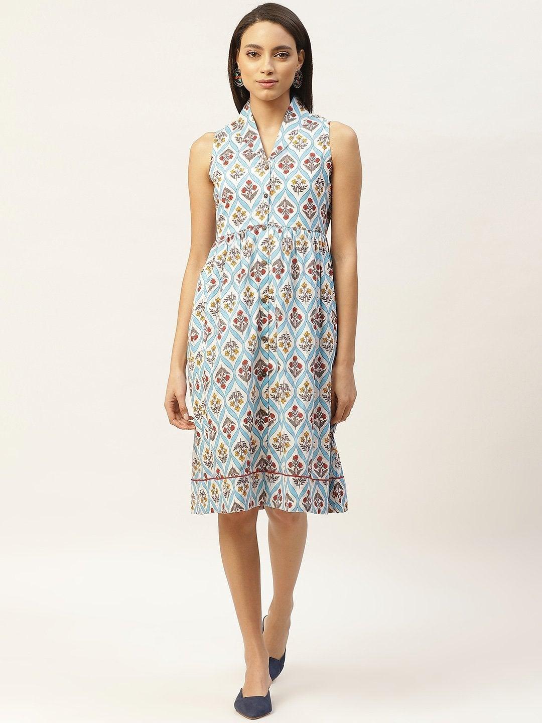 Women's Blue Floral Shawl Collar Front Open Dress - SASSAFRAS - Indiakreations