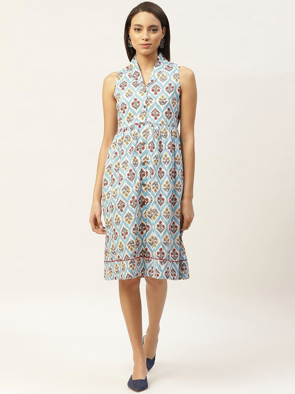 Women's Blue Floral Shawl Collar Front Open Dress - SASSAFRAS