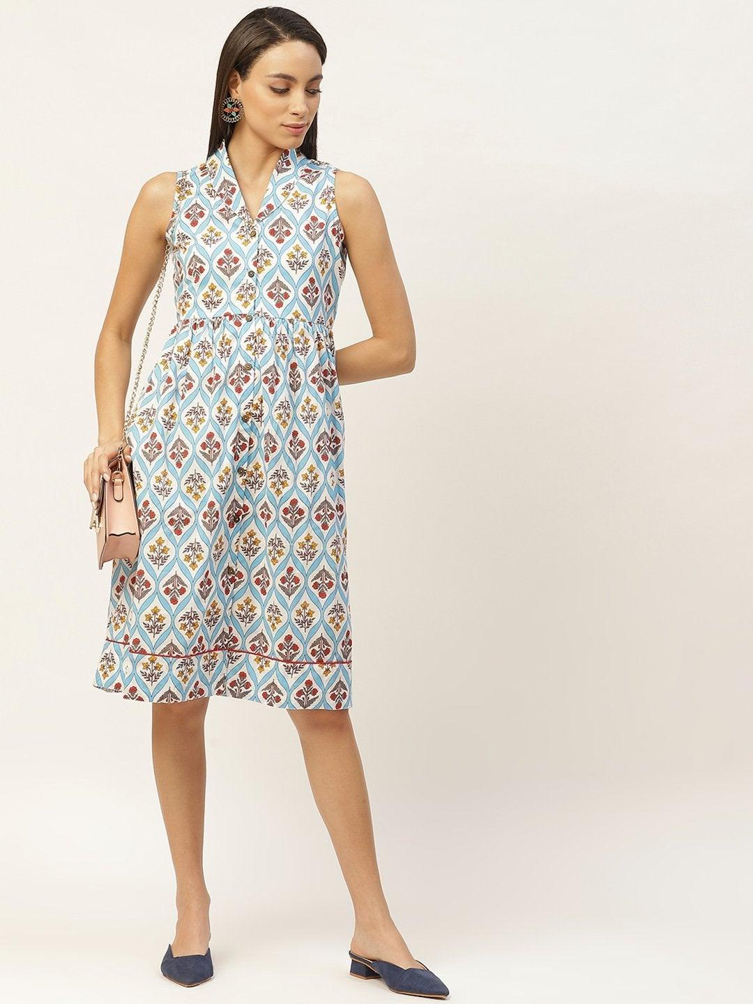 Women's Blue Floral Shawl Collar Front Open Dress - SASSAFRAS - Indiakreations