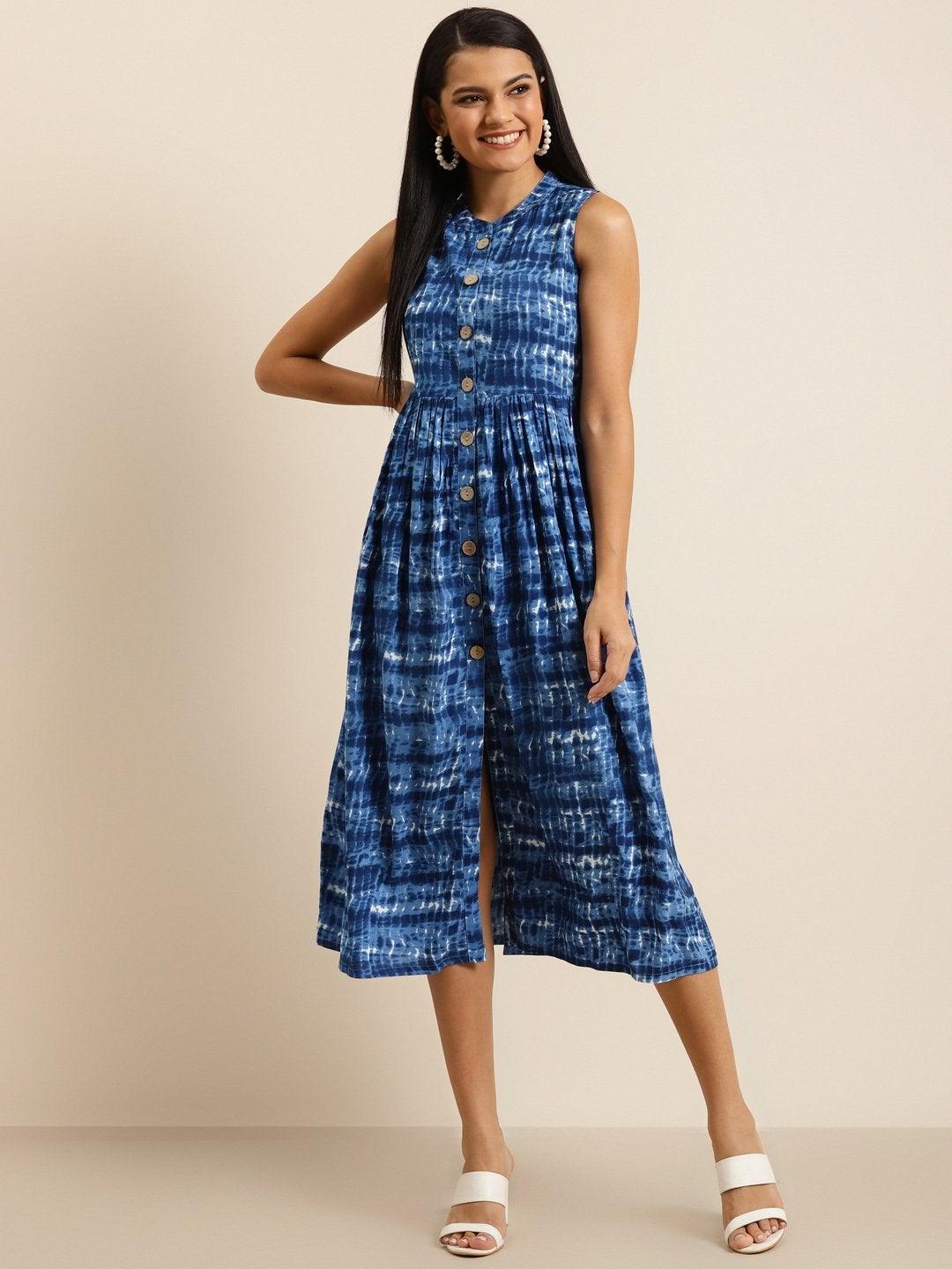 Women's Navy Shibori Print Sleeveless Gathered Dress - SHAE - Indiakreations