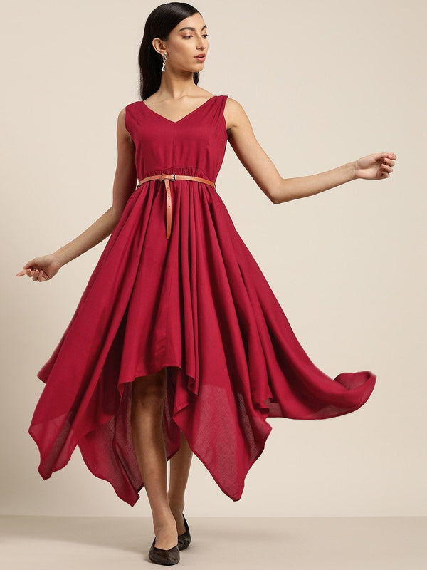 Women's Maroon Asymmetric Belted Dress - SHAE