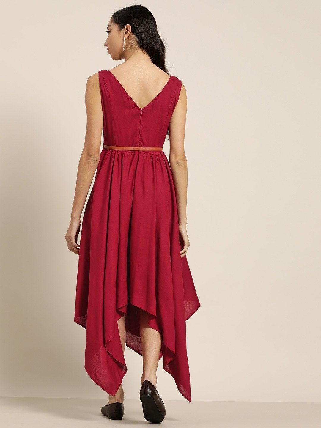 Women's Maroon Asymmetric Belted Dress - SHAE - Indiakreations