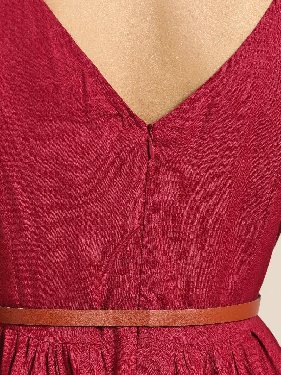 Women's Maroon Asymmetric Belted Dress - SHAE - Indiakreations