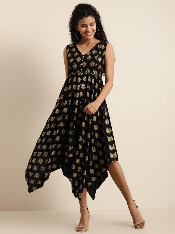 Women's Black Floral Foil Print Asymmetric Dress - SHAE - Indiakreations