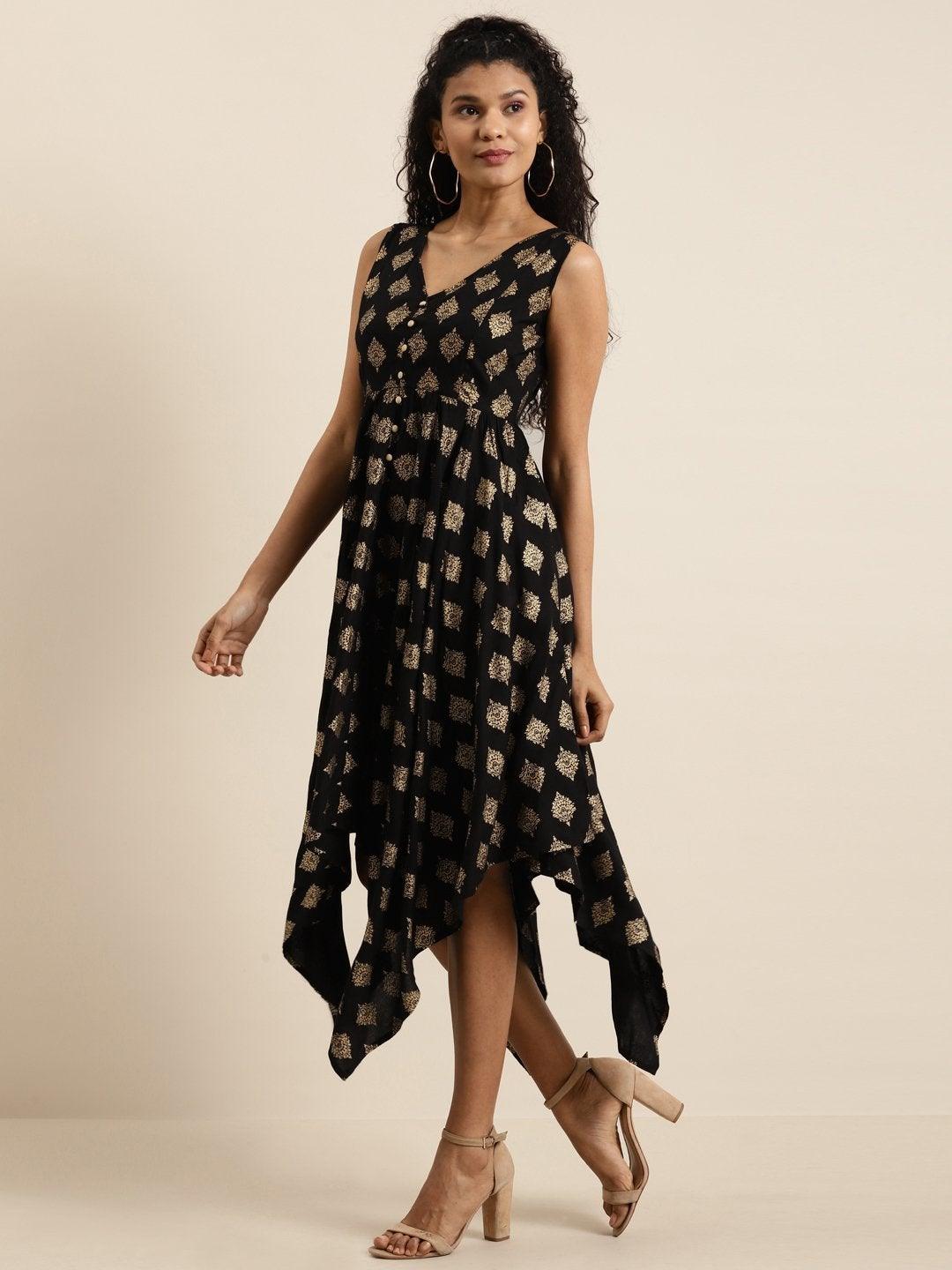 Women's Black Floral Foil Print Asymmetric Dress - SHAE - Indiakreations