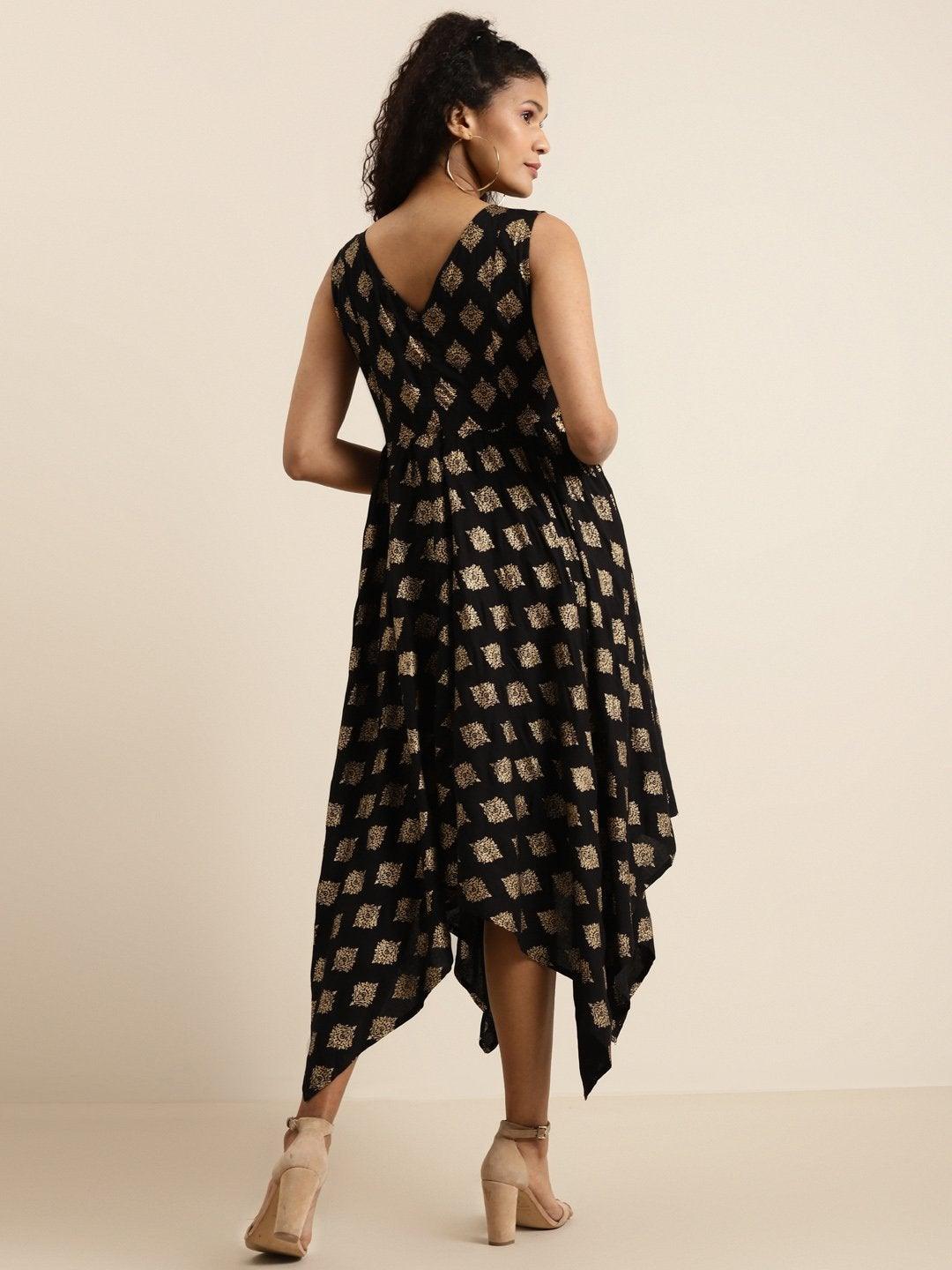 Women's Black Floral Foil Print Asymmetric Dress - SHAE - Indiakreations