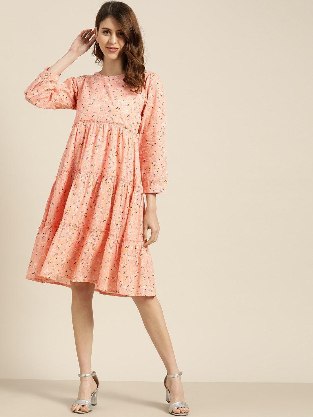 Women's Peach Floral Tiered Midi Dress - SHAE - Indiakreations