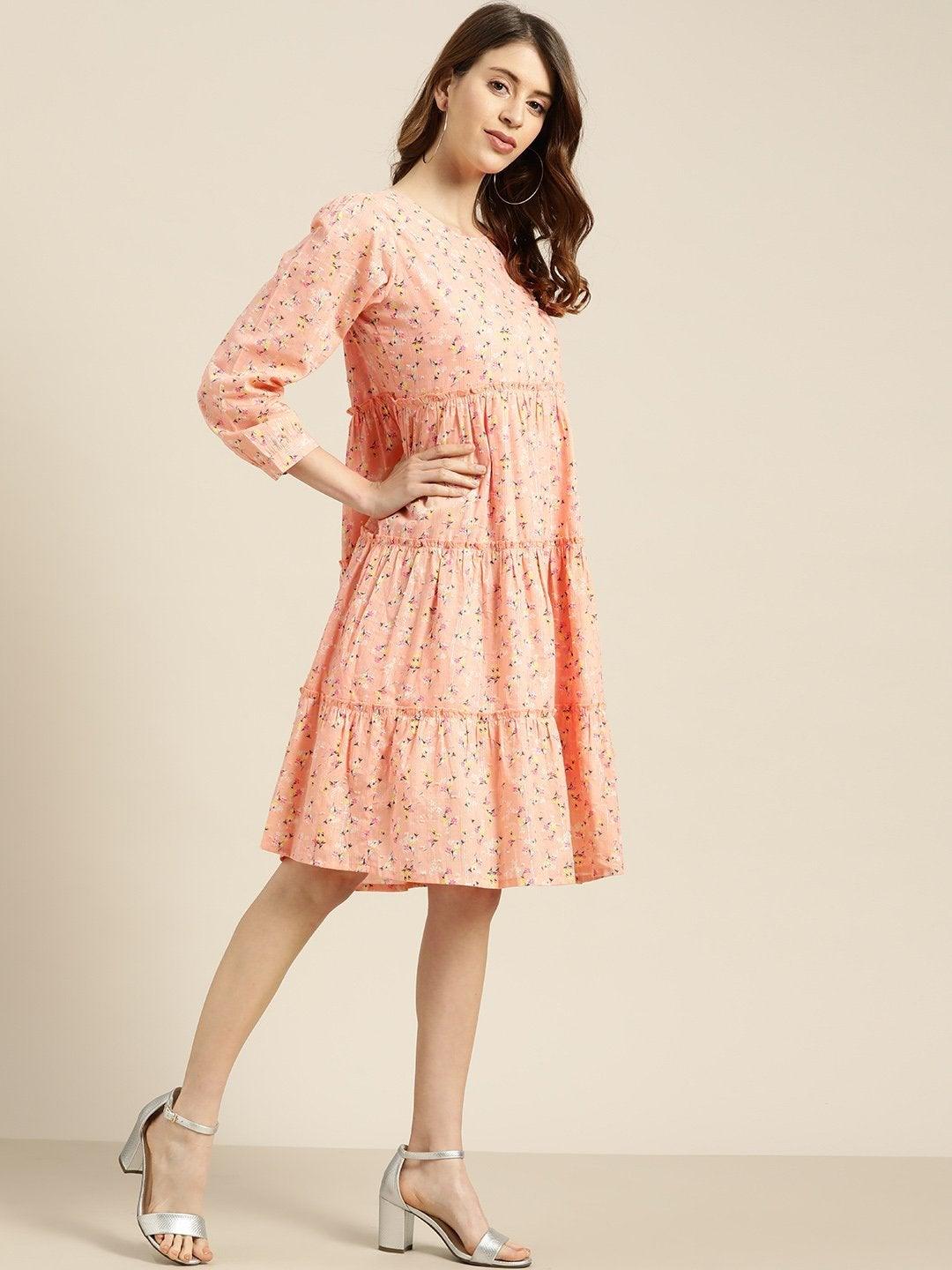 Women's Peach Floral Tiered Midi Dress - SHAE - Indiakreations