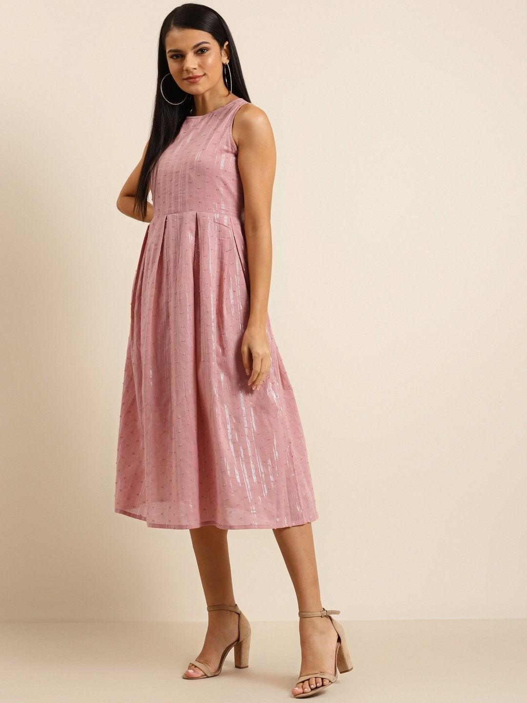 Women's Pink Sleeveless Box Pleated Dress - SHAE - Indiakreations