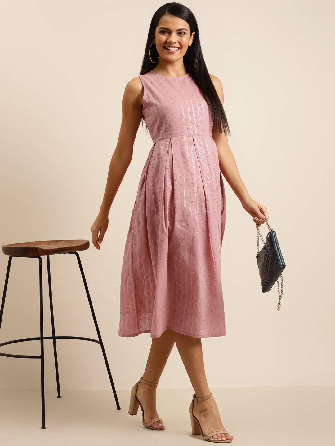 Women's Pink Sleeveless Box Pleated Dress - SHAE - Indiakreations