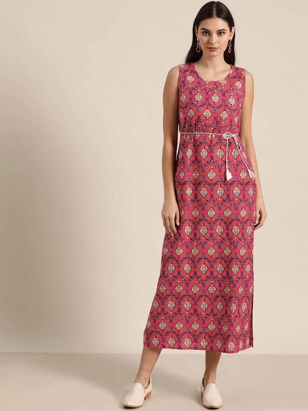 Women's Fuchsia Floral Straight Maxi - SHAE - Indiakreations