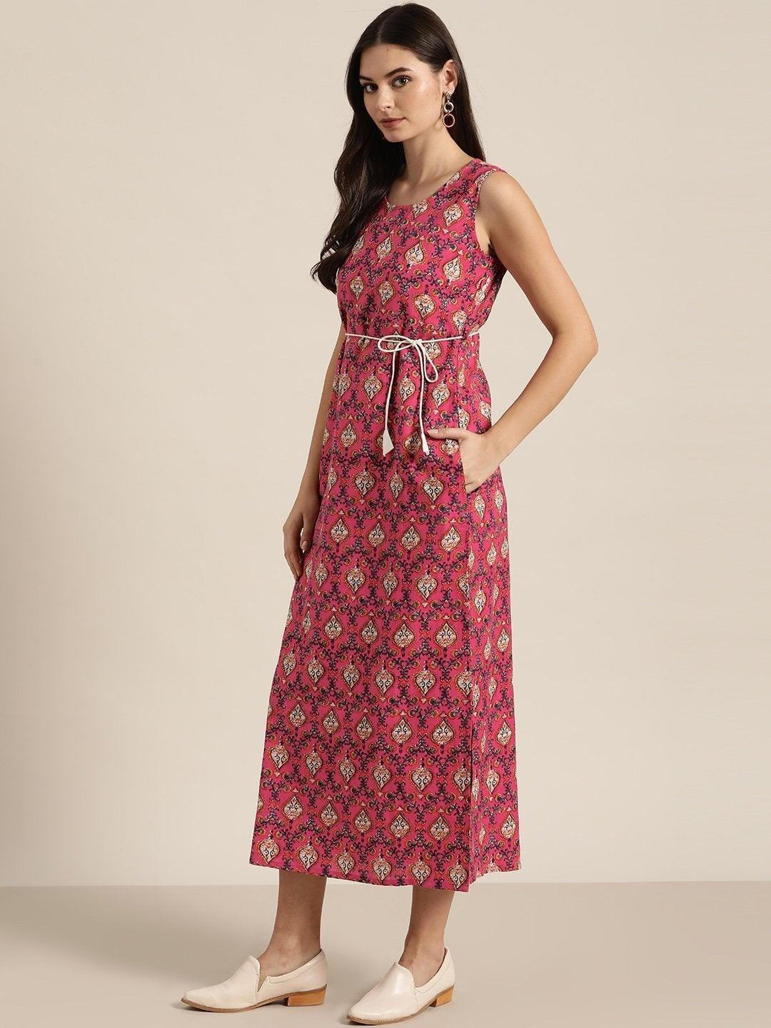 Women's Fuchsia Floral Straight Maxi - SHAE - Indiakreations