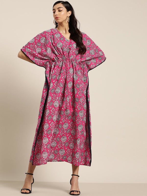 Women's Fuchsia Floral Channel Drawstring Kaftan Dress - SHAE