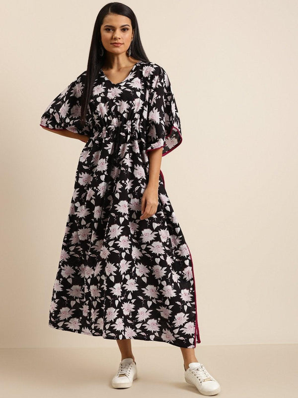 Women's Black Floral Channel Drawstring Kaftan Dress - SHAE - Indiakreations