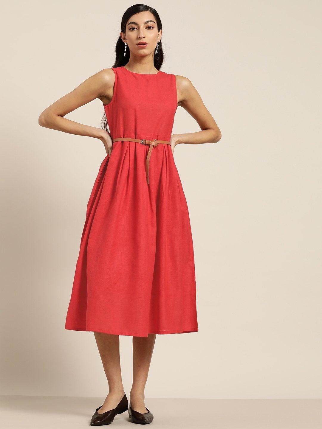 Women's Red Sleeveless Box Pleat Midi Dress - SHAE - Indiakreations