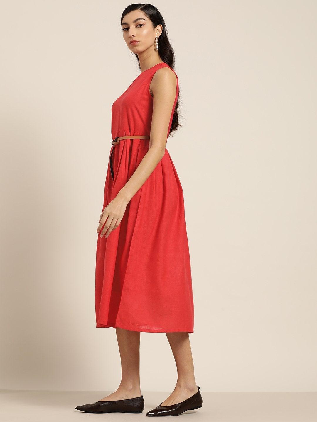 Women's Red Sleeveless Box Pleat Midi Dress - SHAE - Indiakreations