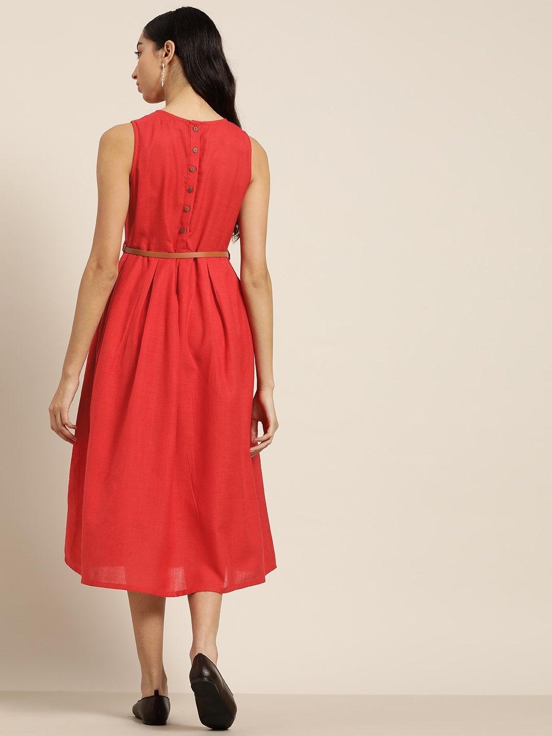 Women's Red Sleeveless Box Pleat Midi Dress - SHAE - Indiakreations