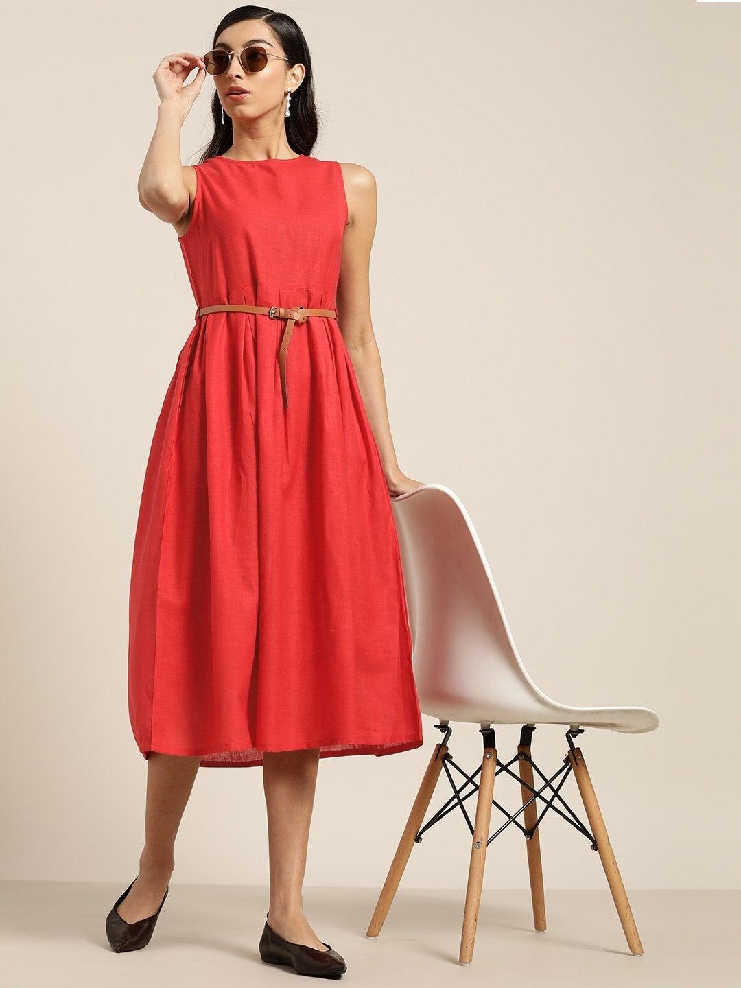 Women's Red Sleeveless Box Pleat Midi Dress - SHAE - Indiakreations