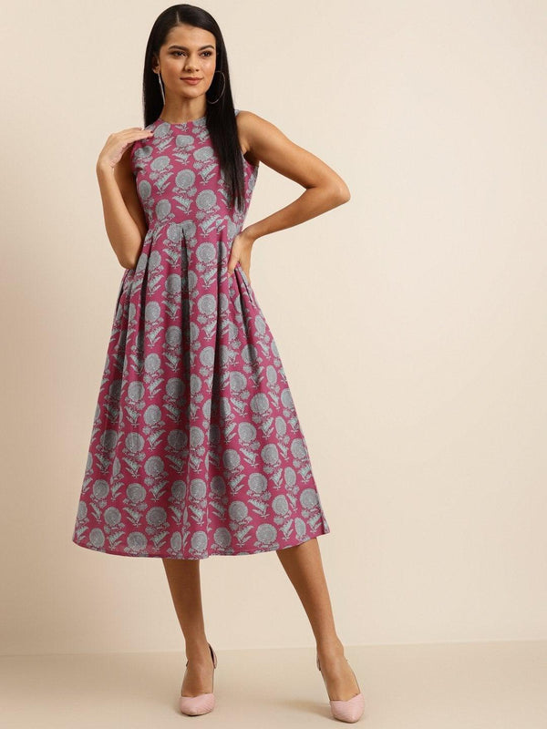 Women's Pink Floral Sleeveless Box Pleat Midi Dress - SHAE - Indiakreations