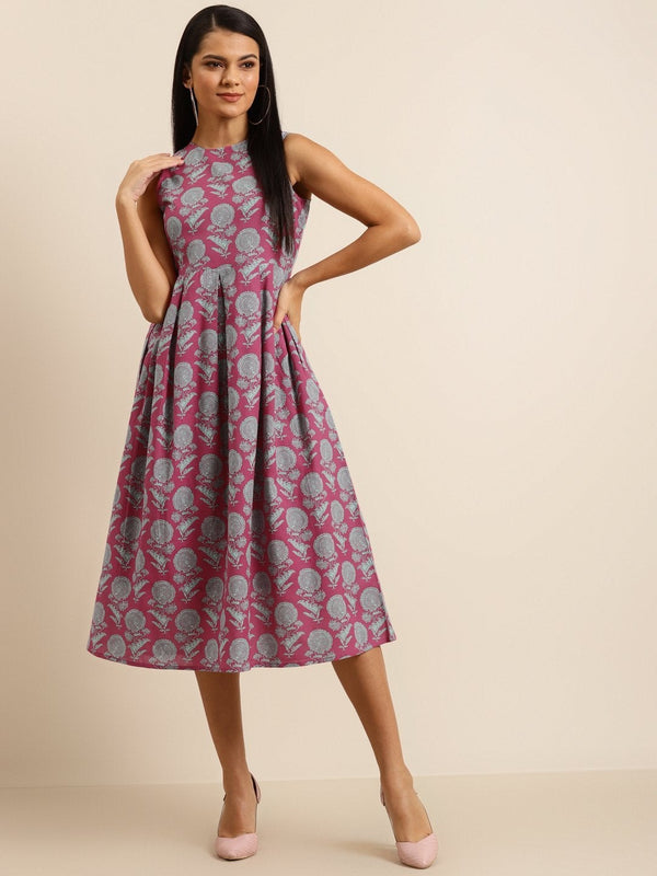 Women's Pink Floral Sleeveless Box Pleat Midi Dress - SHAE