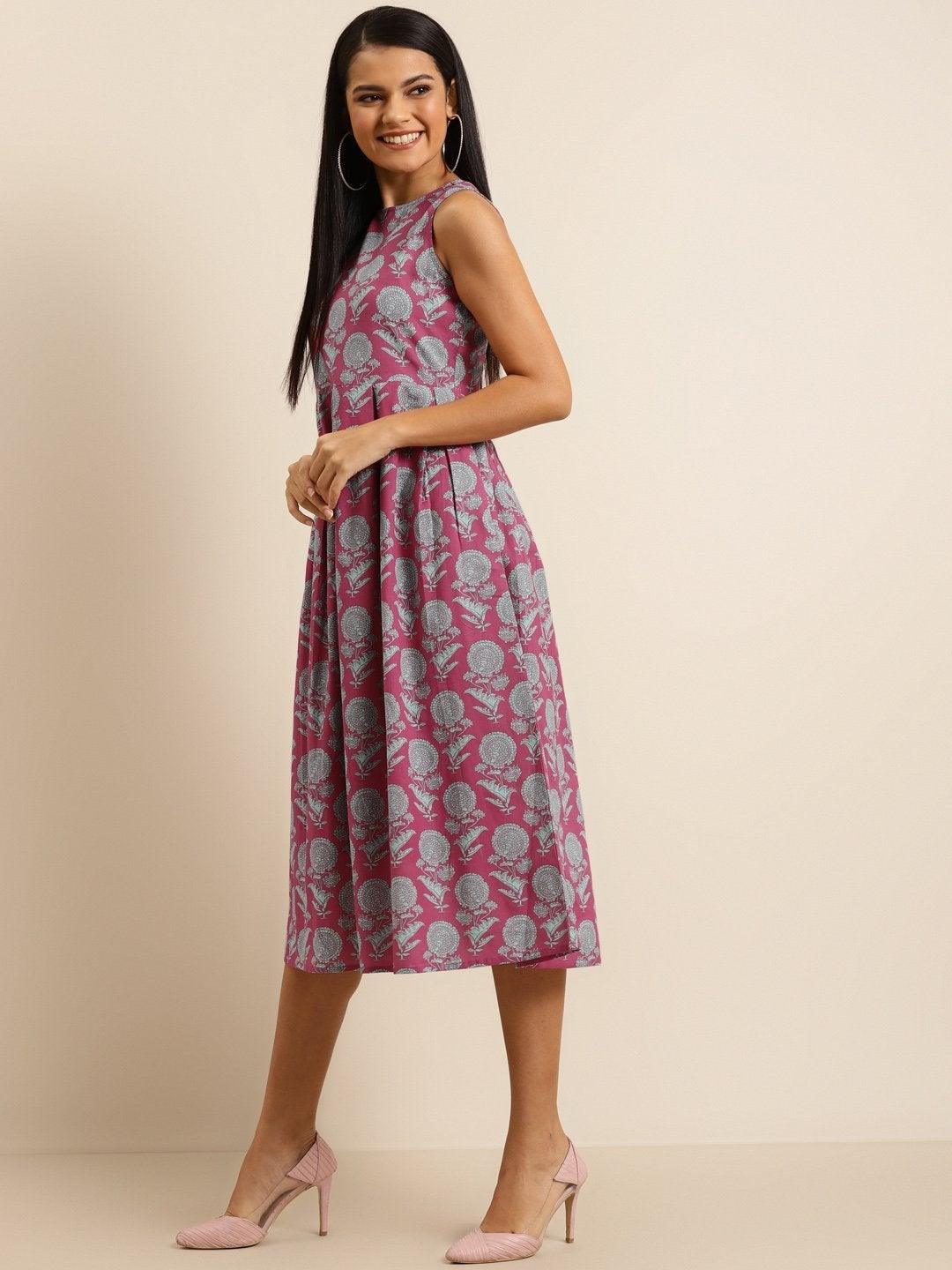 Women's Pink Floral Sleeveless Box Pleat Midi Dress - SHAE - Indiakreations