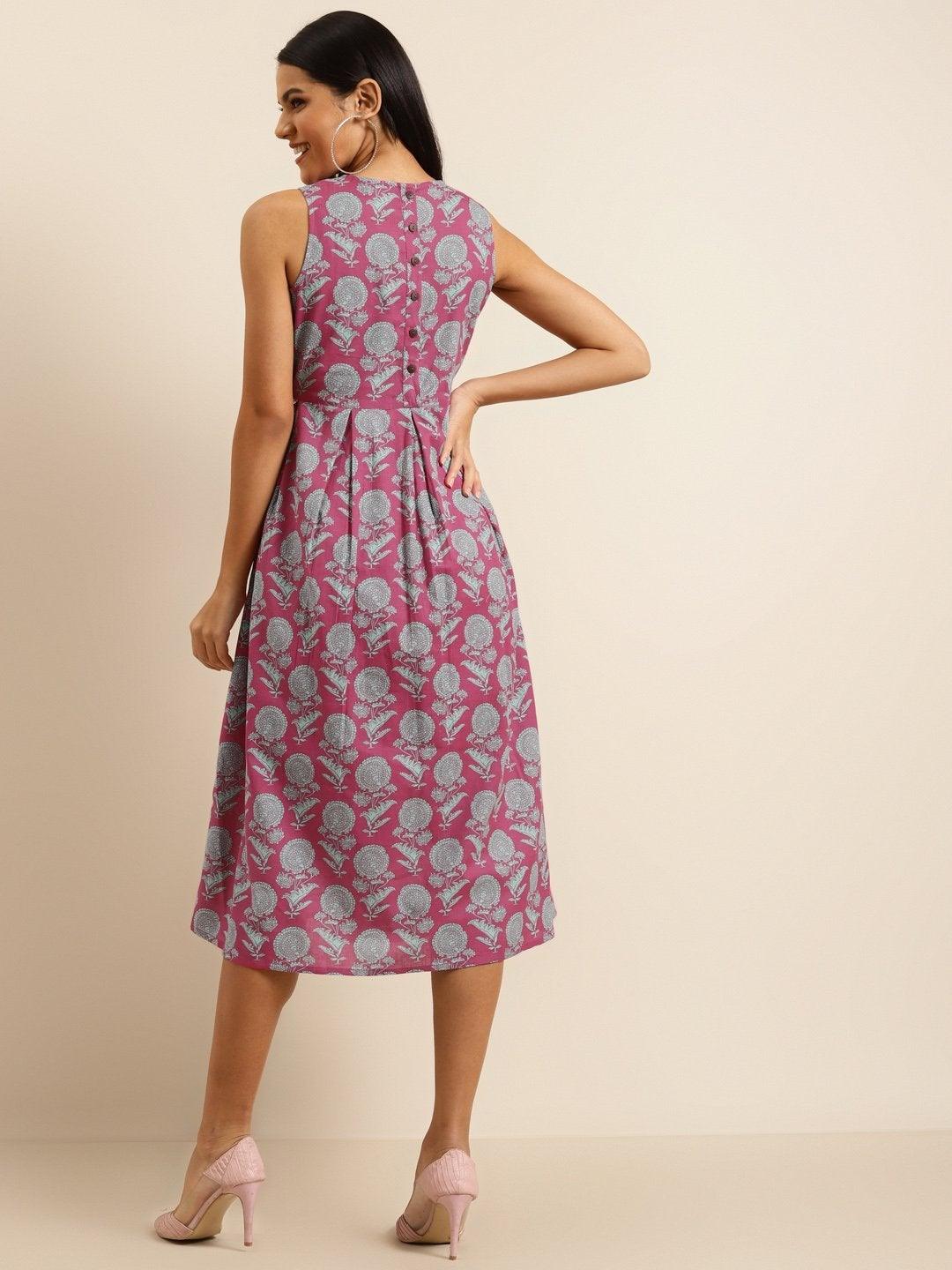 Women's Pink Floral Sleeveless Box Pleat Midi Dress - SHAE - Indiakreations