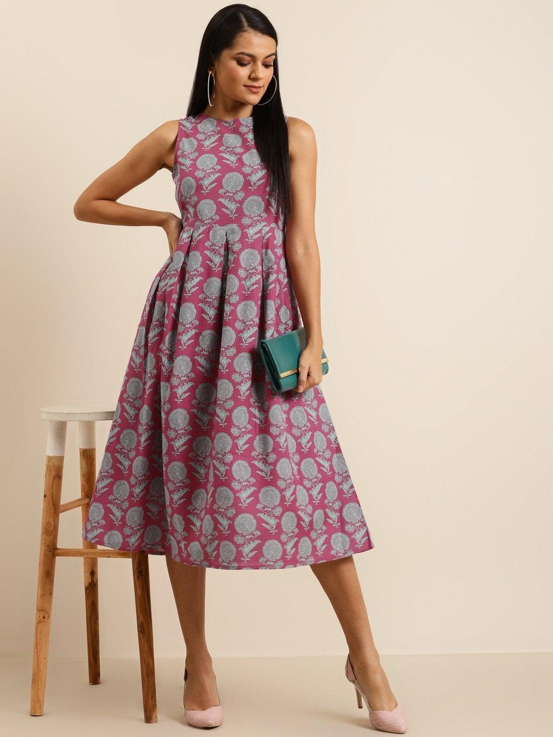 Women's Pink Floral Sleeveless Box Pleat Midi Dress - SHAE - Indiakreations