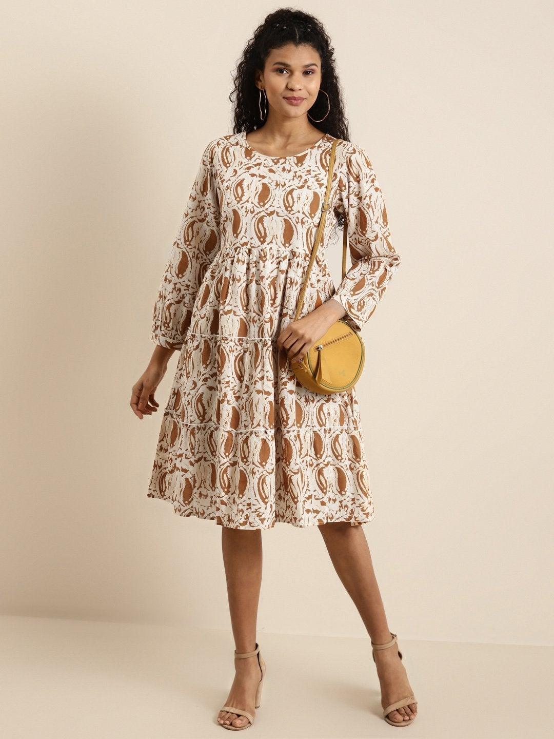 Women's Brown Paisely Tiered Dress - SHAE - Indiakreations