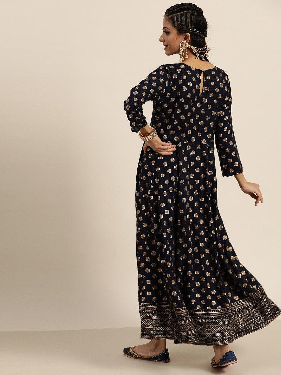 Women's Navy Foil Print Anarkali Maxi Dress - SHAE - Indiakreations