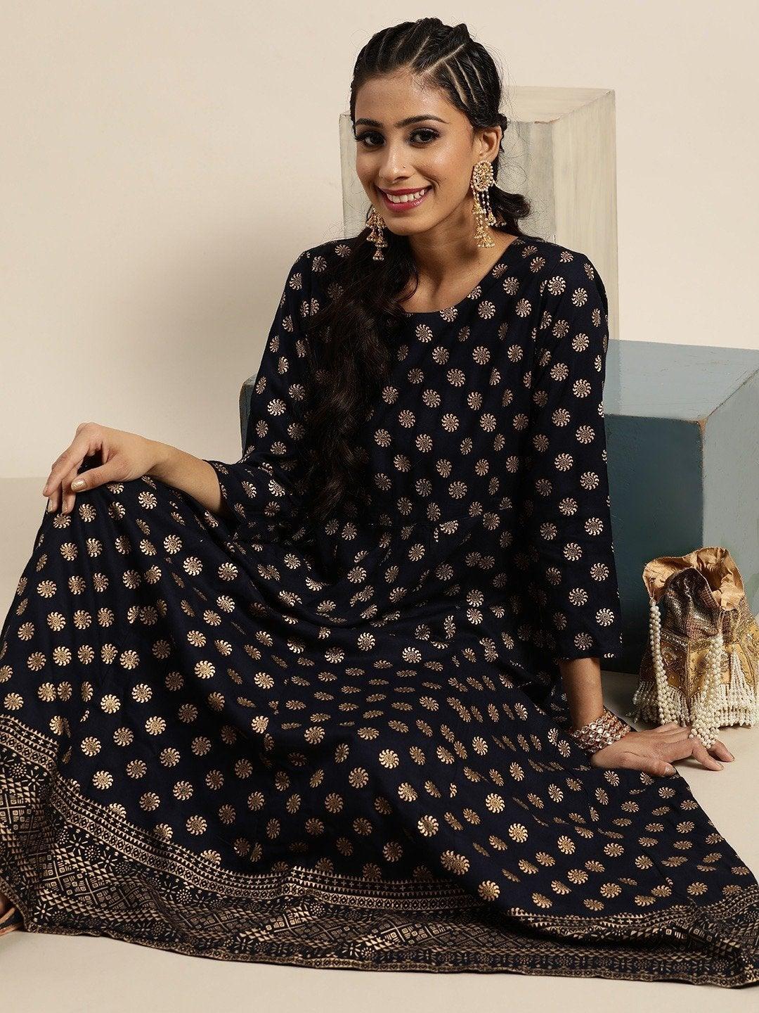 Women's Navy Foil Print Anarkali Maxi Dress - SHAE - Indiakreations