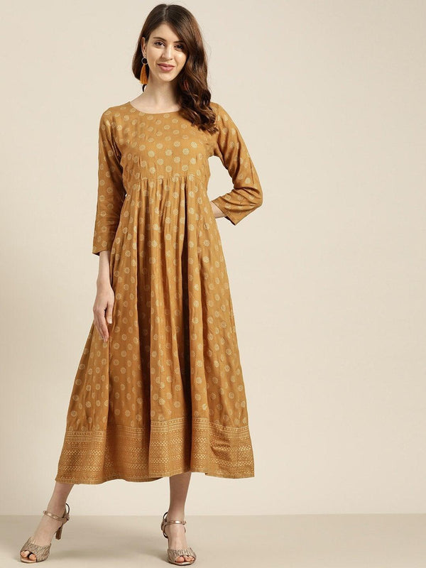 Women's Mustard Foil Print Anarkali Maxi Dress - SHAE - Indiakreations