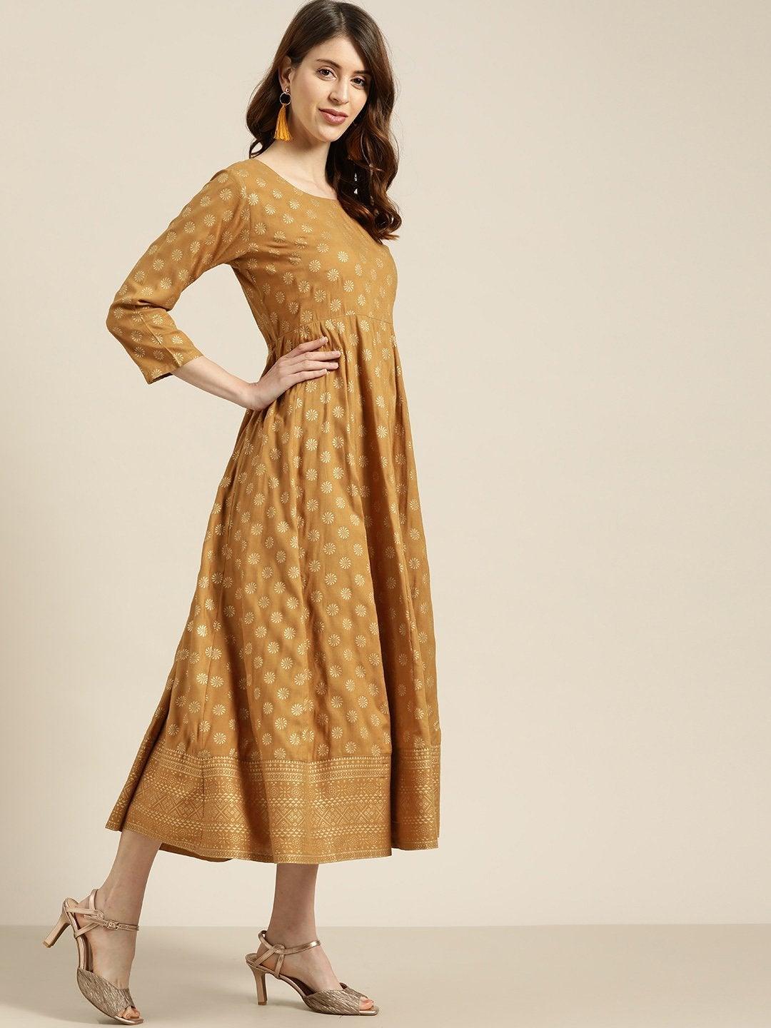 Women's Mustard Foil Print Anarkali Maxi Dress - SHAE - Indiakreations