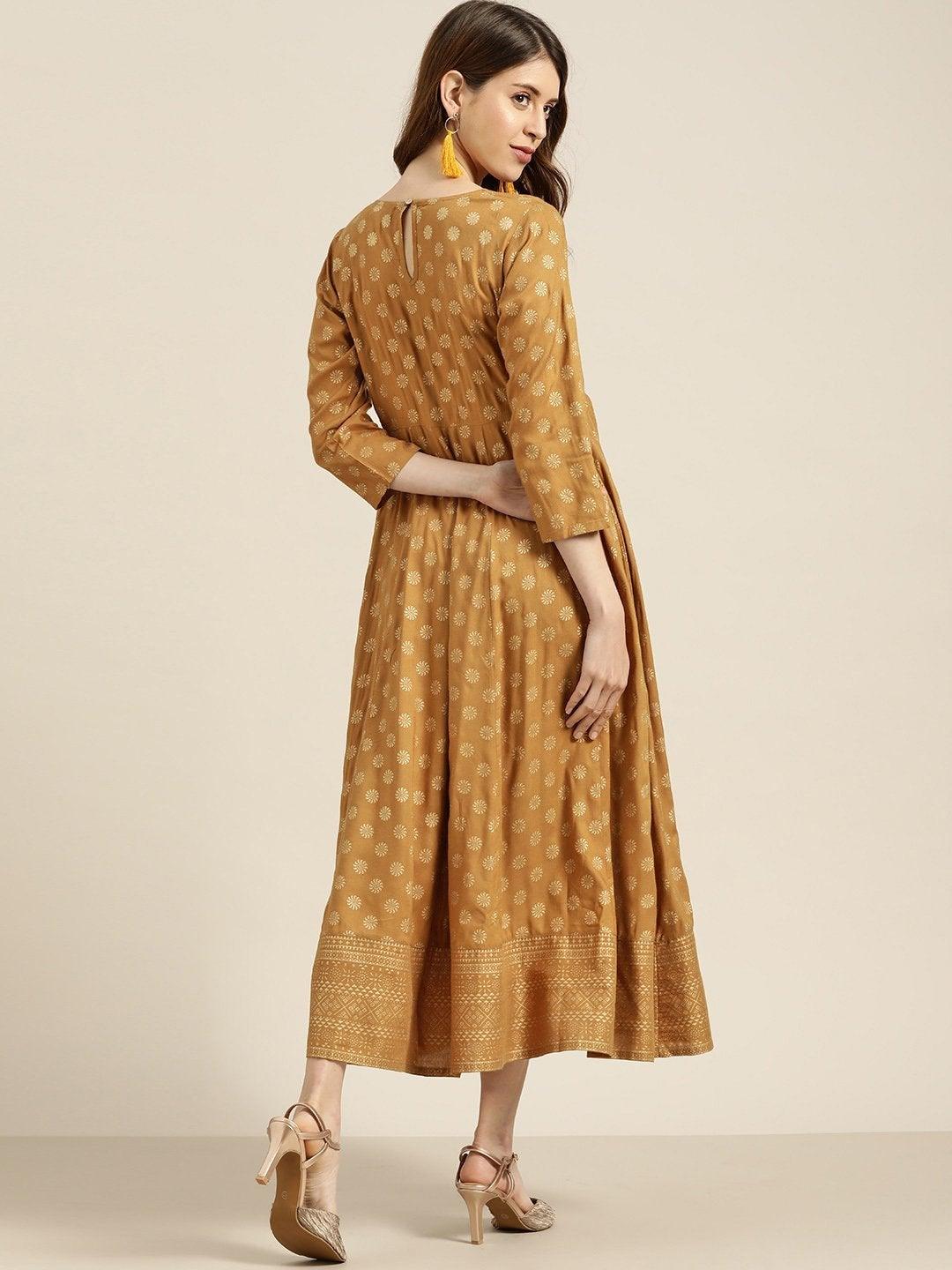 Women's Mustard Foil Print Anarkali Maxi Dress - SHAE - Indiakreations