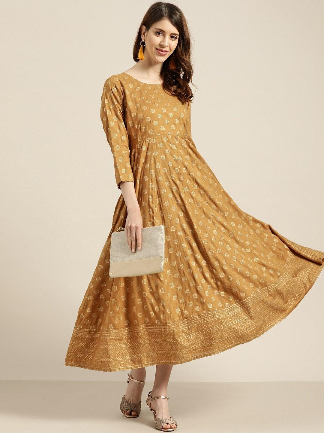 Women's Mustard Foil Print Anarkali Maxi Dress - SHAE - Indiakreations