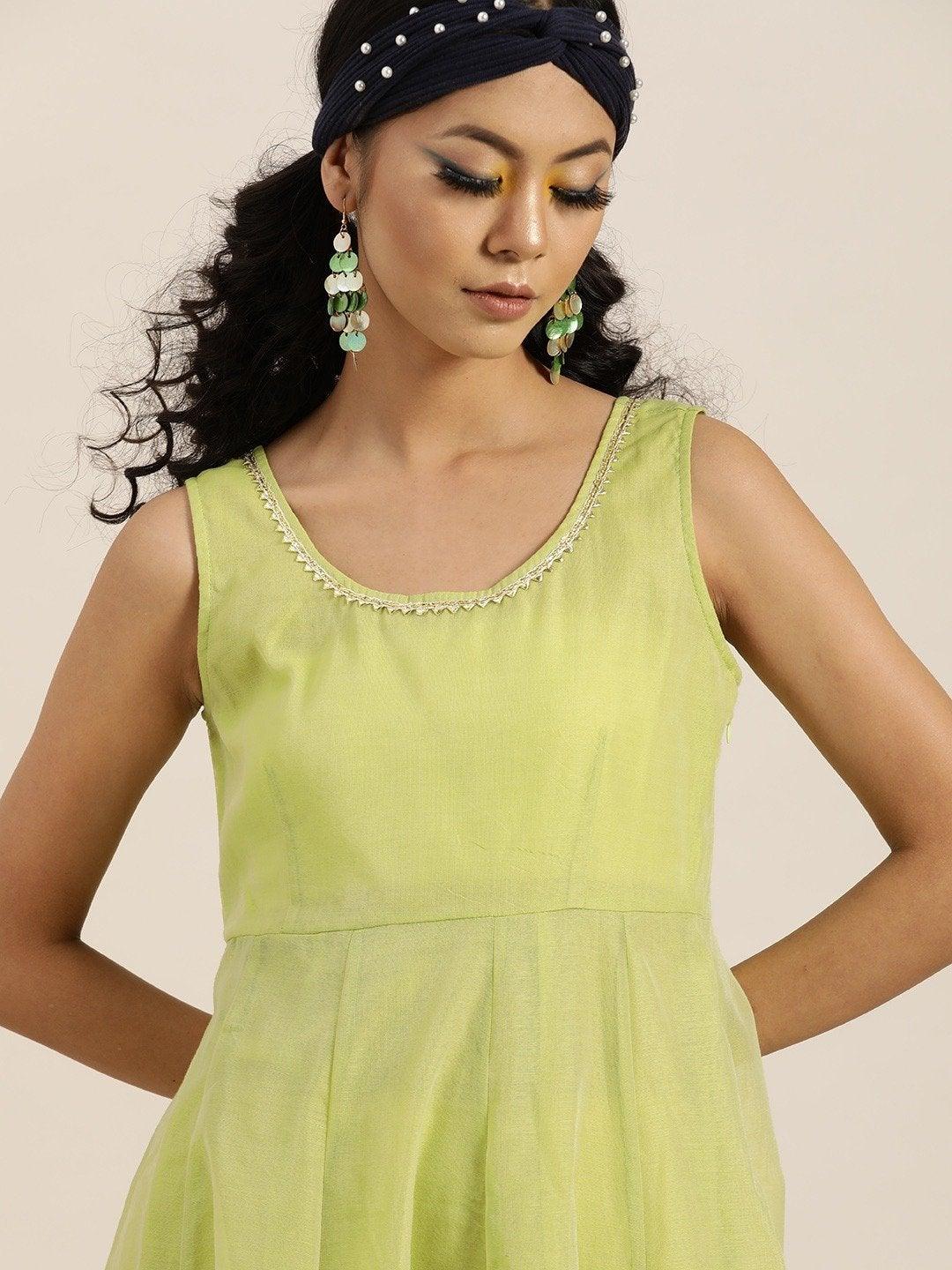 Women's Green Gota Patti Sleeveless Anarkali Dress - SHAE - Indiakreations