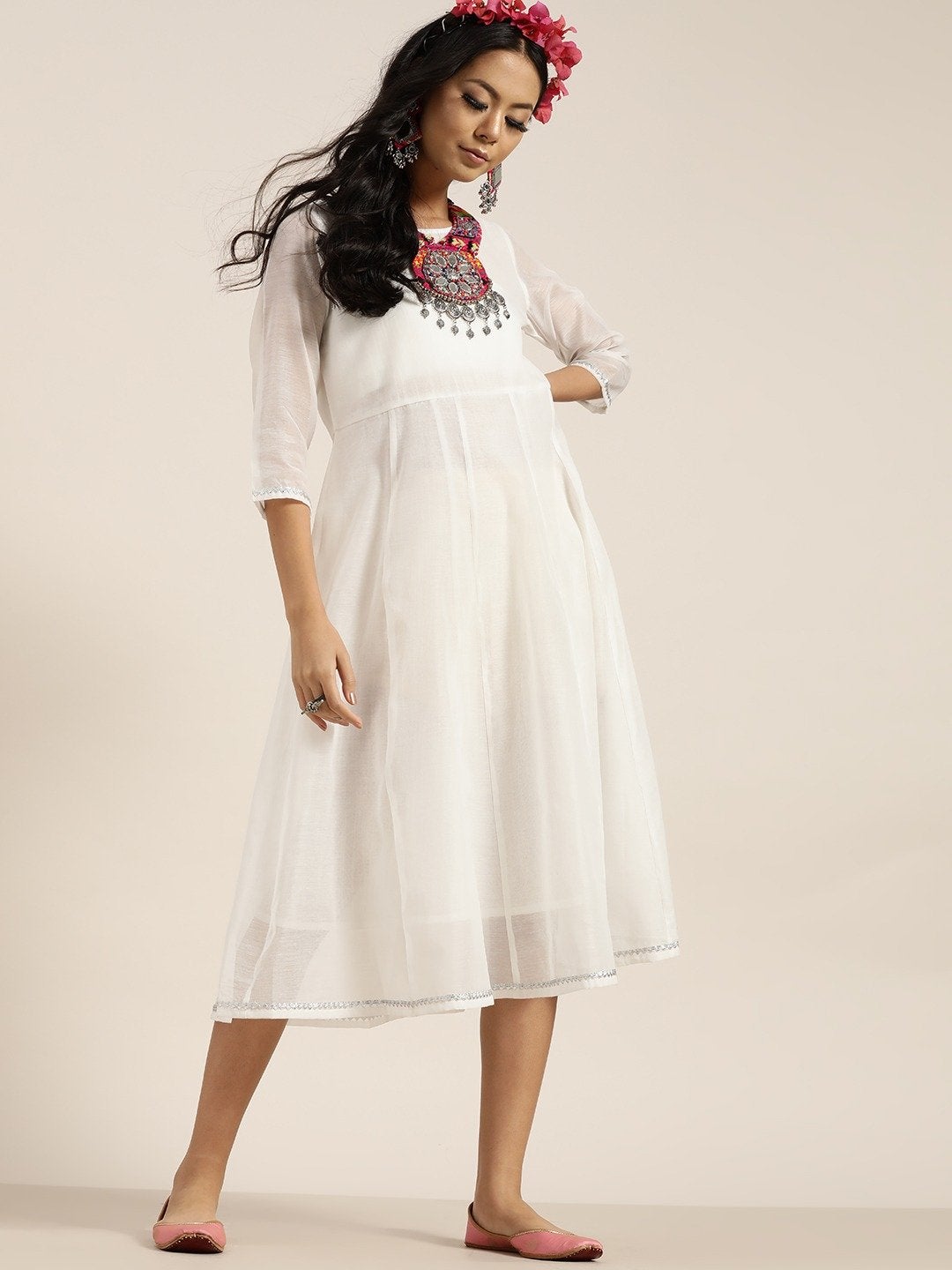 Women's White Gota Patti Anarkali Midi Dress - SHAE - Indiakreations