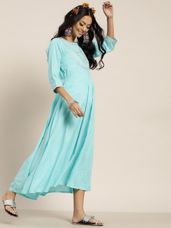 Women's Sea Green Zari Embroidery Anrakali Maxi Dress - SHAE - Indiakreations