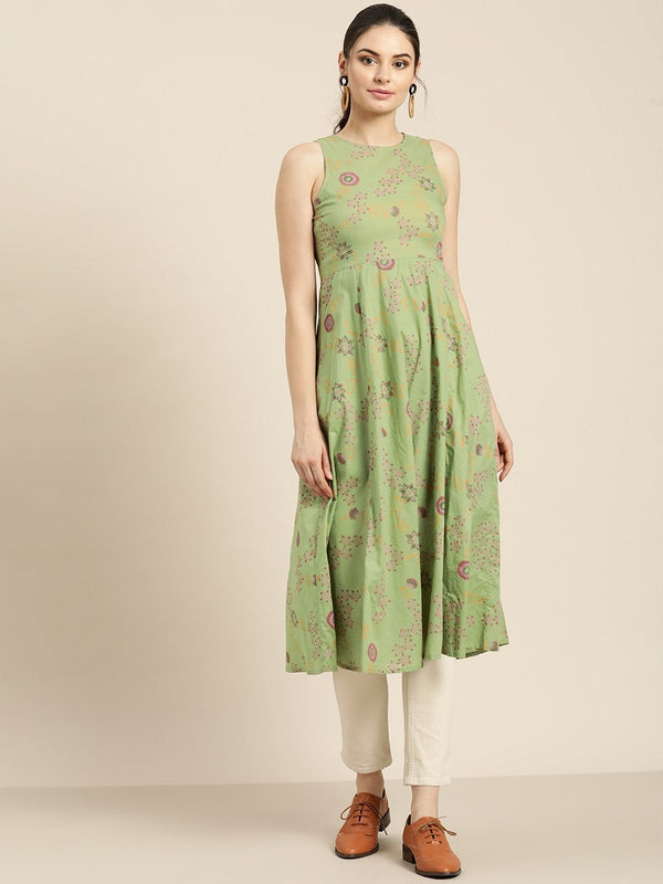 Women's Green Printed Sleeveless Kurta - SHAE