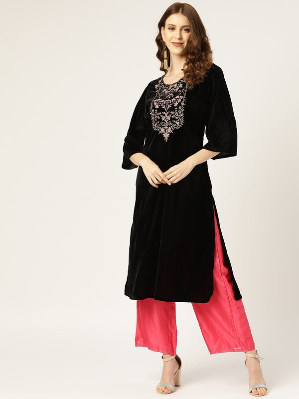 Women's Black Zari Floral Embroidery Velvet Kurta - SHAE