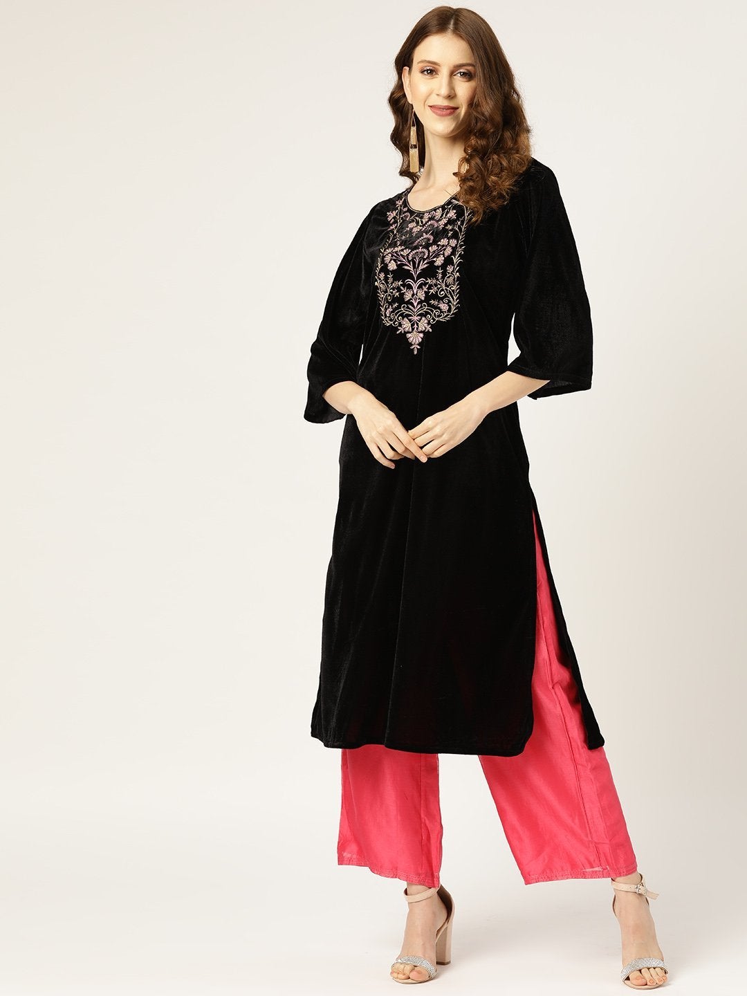 Women's Black Zari Floral Embroidery Velvet Kurta - SHAE - Indiakreations