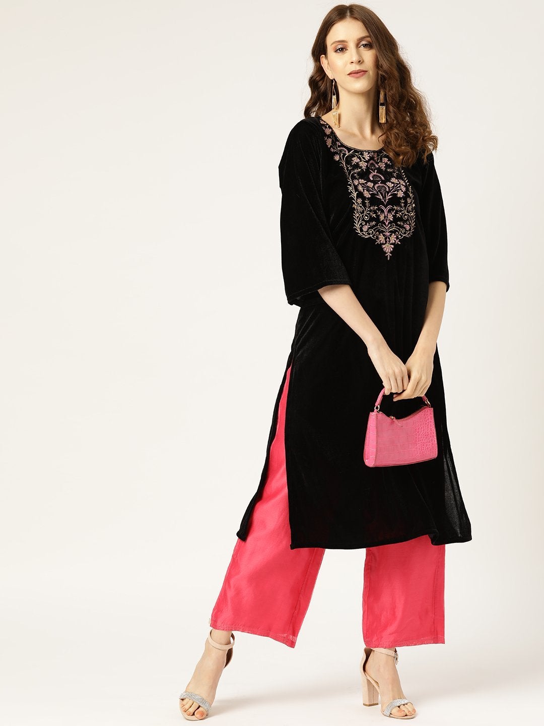 Women's Black Zari Floral Embroidery Velvet Kurta - SHAE - Indiakreations