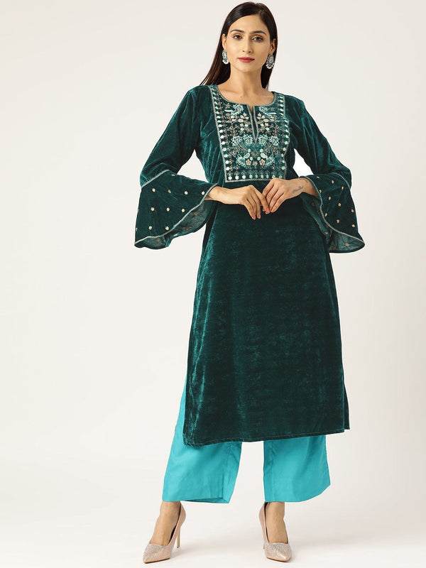 Women's Green Velvet Flute Sleeve Embroidery Kurta - SHAE