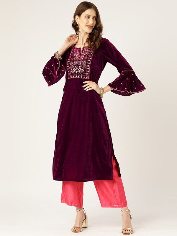 Women's Purple Velvet Flute Sleeve Embroidery Kurta - SHAE