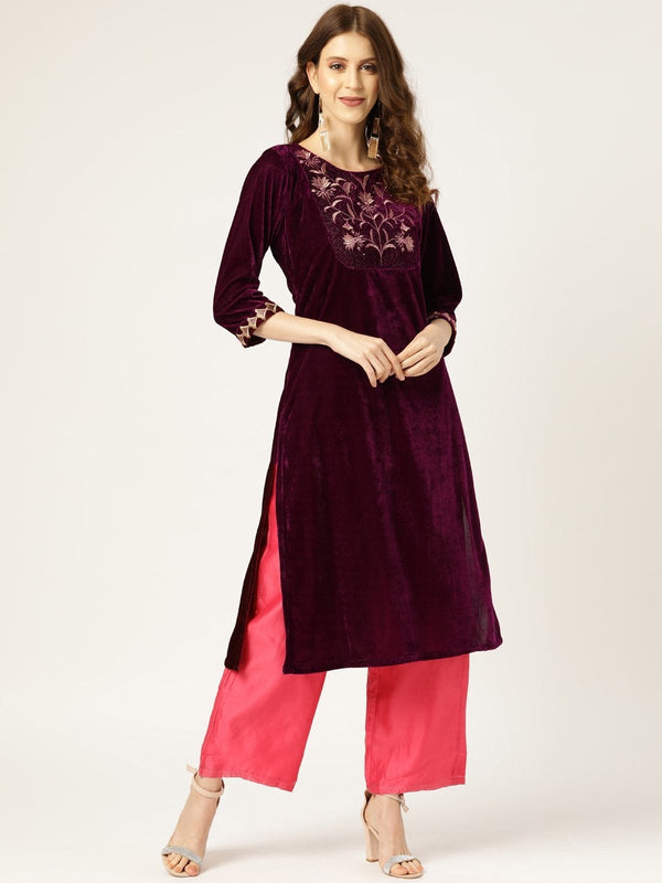 Women's Purple Embroidered Straight Velvet Kurta - SHAE