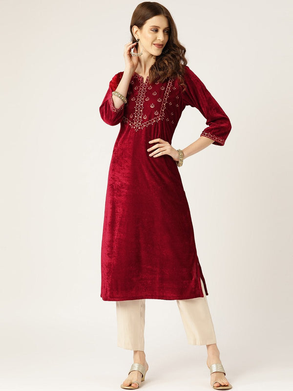 Women's Maroon Zari Embroidery V-Slit Straight Velvet Kurta - SHAE