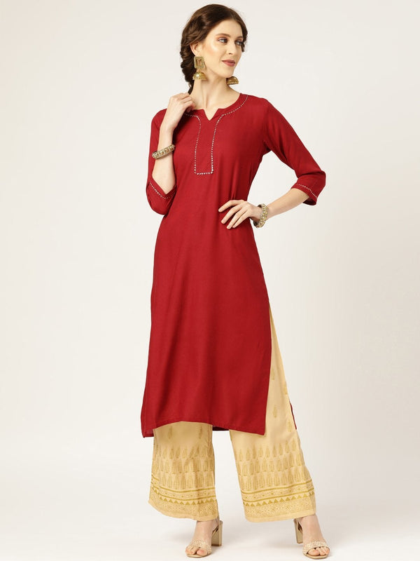 Women's Maroon Lace Detail Straight Kurta - SHAE