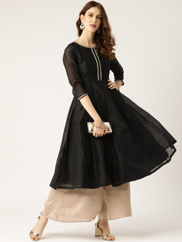 Women's Black Chanderi Lace Anarkali Kurta - SHAE