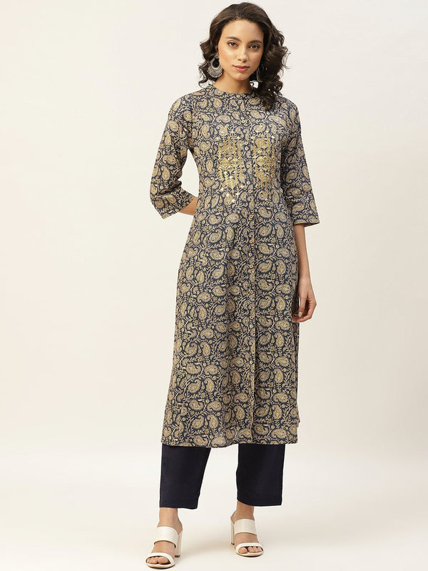 Women's Blue Paisely Zari Embroidery Front Open Kurta - SHAE