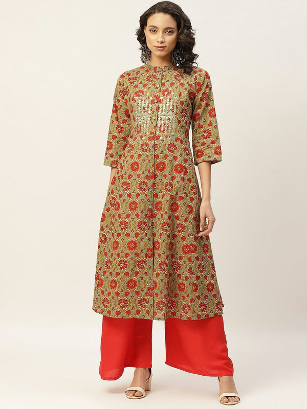 Women's Grey Floral Zari Embroidery Front Open Kurta - SHAE