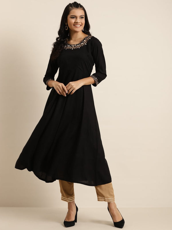 Women's Black Neck Embroidery Anarkali Kurta - SHAE